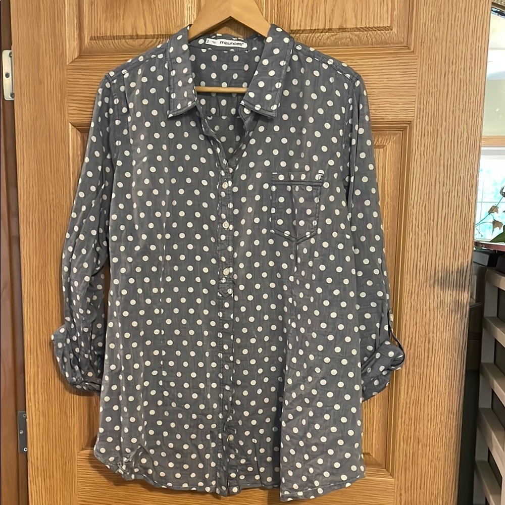 Maurices Blue Polka Dot Button Down Shirt